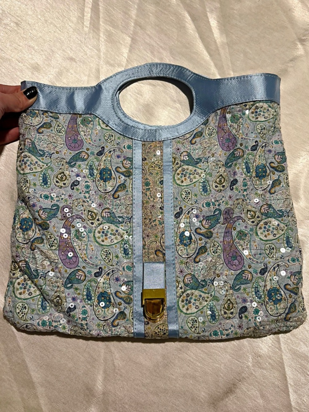 Y2K Paisley Sequin Tote Bag Satin Trim Cutout Handle Vintage Wild Rose